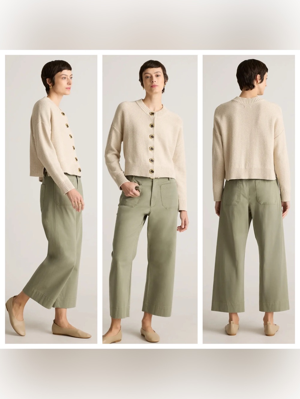 (Q4) Quince 100% Organic Cotton Fisherman Boxy Cropped Cardigan Cream M - Picture 5 of 7